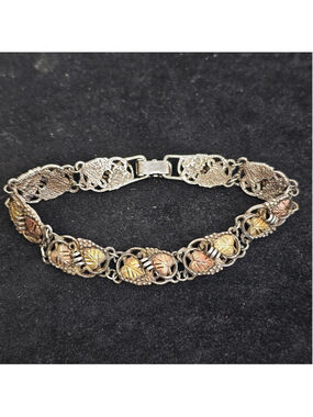 Black Hills Gold CCO 12K Rose Yellow Gold Leaves & Sterling Silver Bracelet 8”
